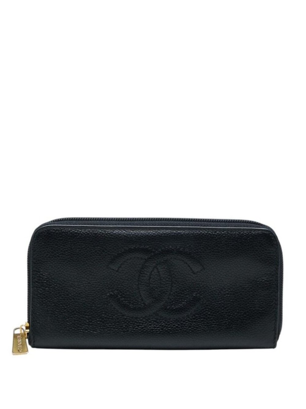 Chanel CC Logo Zip Around Wallet Black Gold Caviar Leather